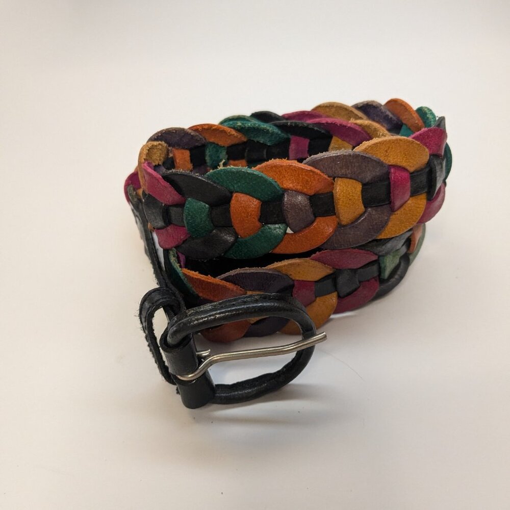 Vintage Multicolored Belt Women Sz L/XL Leather Link Open Loop Braided Woven